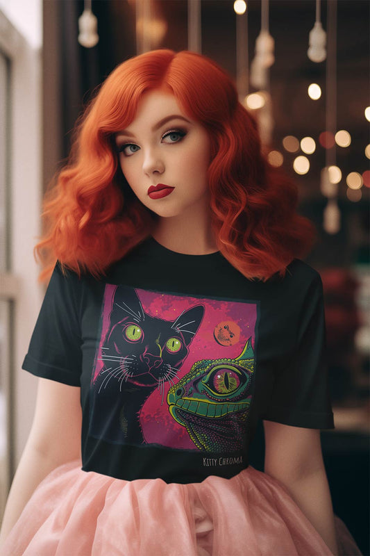 Shadows of Sunset - Black Cotton All-Gender T-Shirt  - cat and lizzard