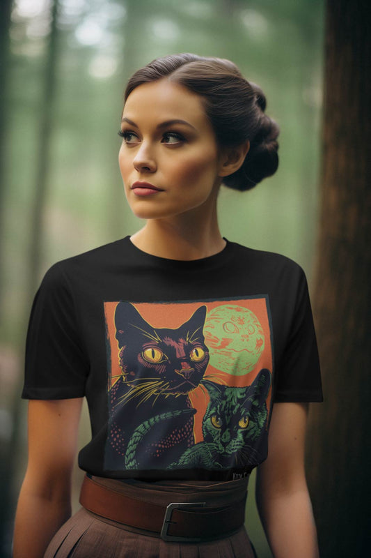 Sundown Soirée - Black Cotton All-Gender T-Shirt - Cat lovers - Graphic Print