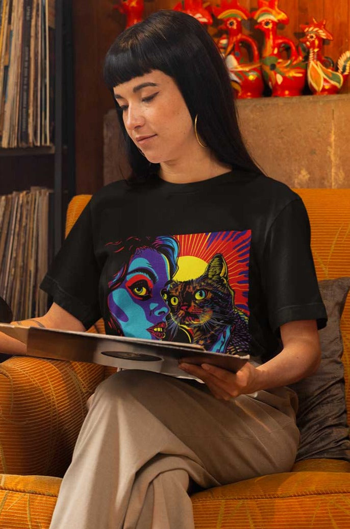 Feline Twilight  - Black Cotton All-Gender T-Shirt